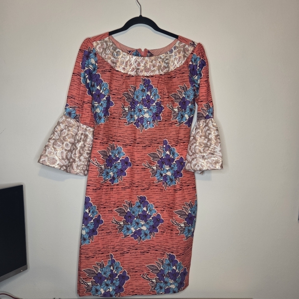 African Ankara Dress Handcrafted Floral Print With Bell Sleeves Size 10 Approxim